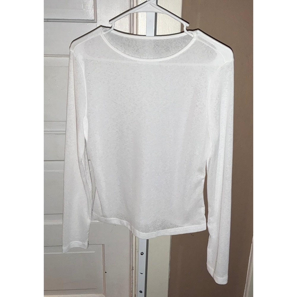 White Sheer Mesh Long Sleeve Top Crew Neck Layering Blouse Size L